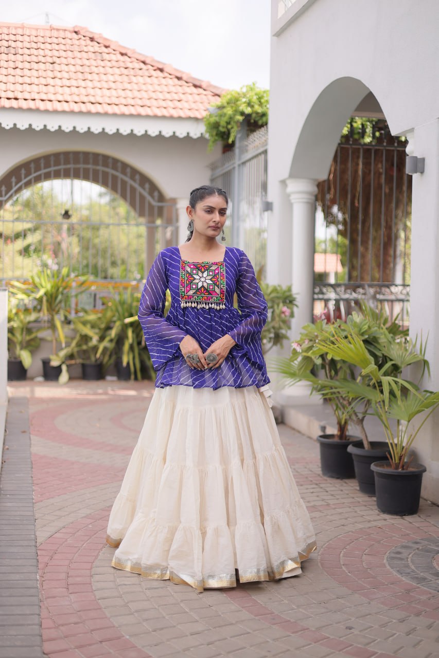 Off-White Kora Cotton Tiered Lehenga Choli Set with Blue Leheriya Peplum Top & 2 Ton Lampi Lace