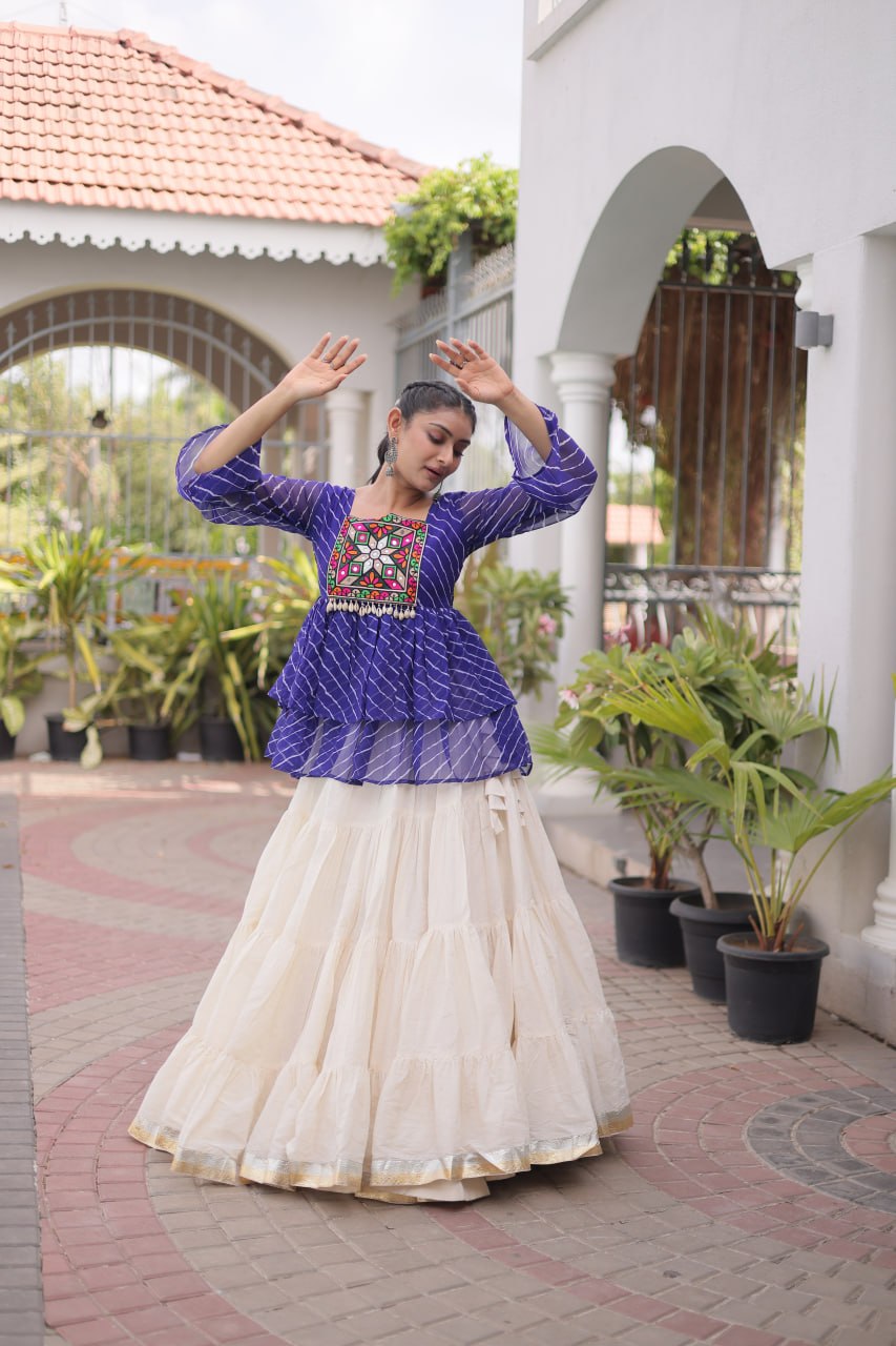 Off-White Kora Cotton Tiered Lehenga Choli Set with Blue Leheriya Peplum Top & 2 Ton Lampi Lace