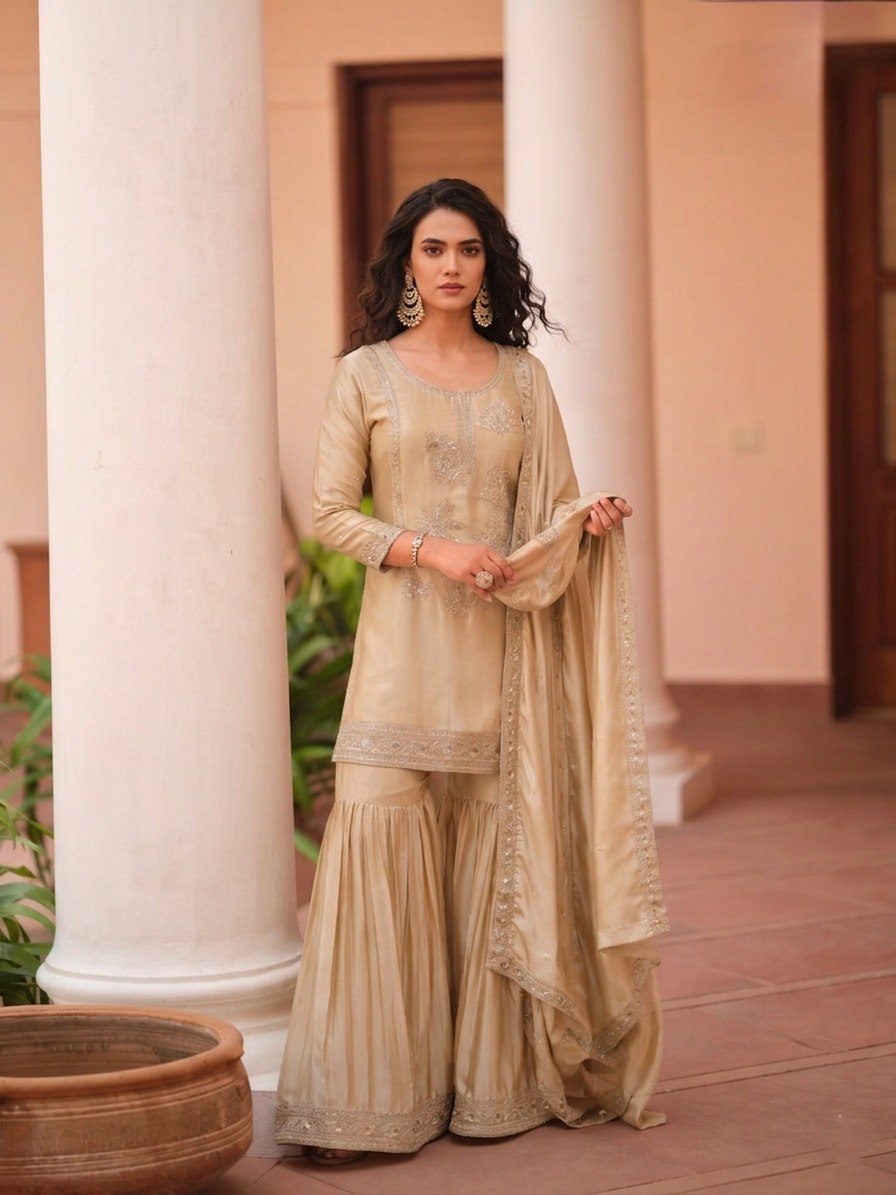 Champagne Gold Moss Satin Sharara Suit Set with Intricate Dori, Zari & Sequins Embroidery Short Kurti
