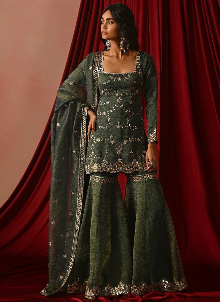 Olive Forest Green Raw Silk Sharara Suit Set with Zari, Sequins & Thread Floral Vine Embroidery Kurti, Flared Sharara Pants & Matching Draped Dupatta