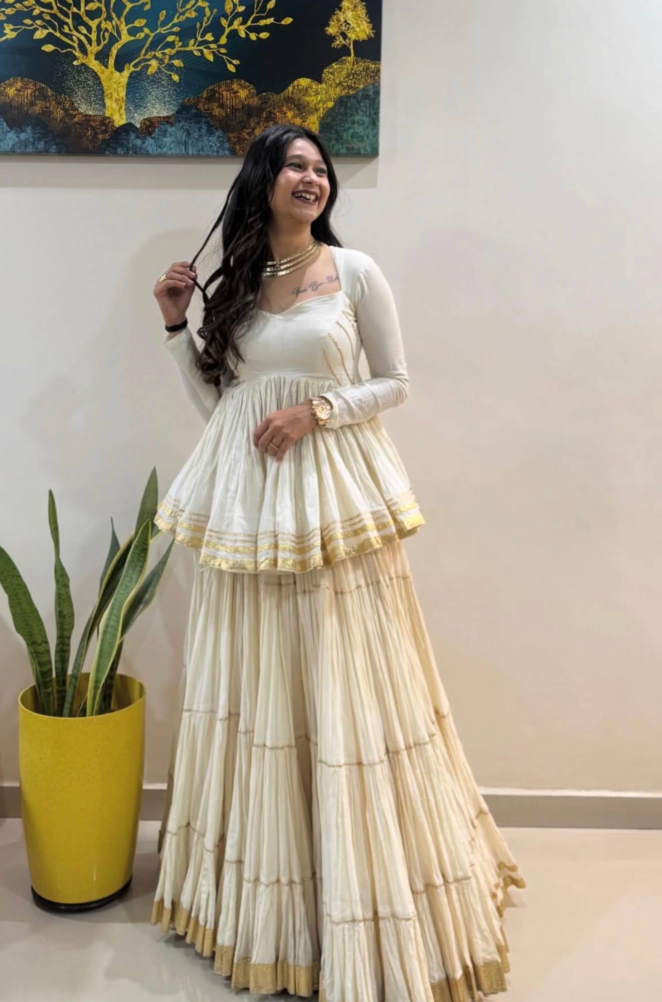 Off-White Pure Cotton Navratri Special Kediyu Style Peplum Top and Tiered Flared Lehenga Set