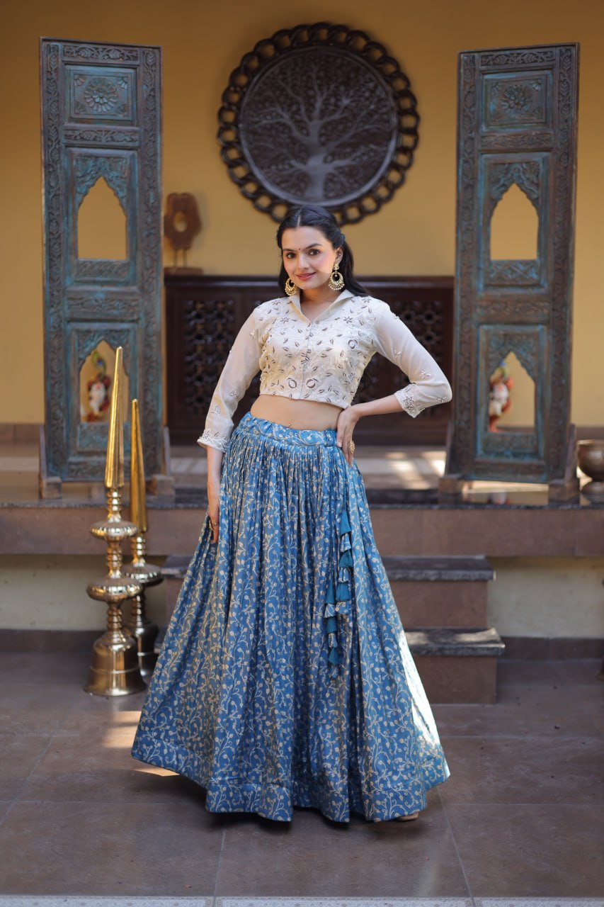 Steel Blue Cosmos Weaving Jacquard Flared Lehenga Choli Set with Embroidered Shirt Blouse