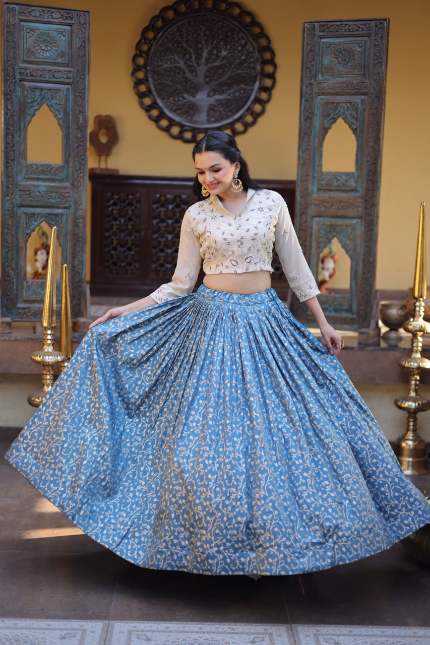 Steel Blue Cosmos Weaving Jacquard Flared Lehenga Choli Set with Embroidered Shirt Blouse