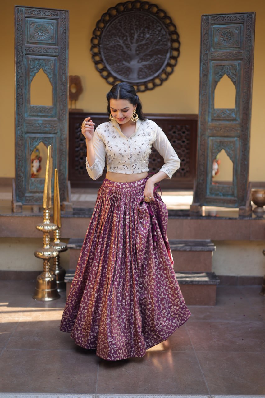 Wine Cosmos Weaving Jacquard Flared Lehenga Choli Set with Embroidered Shirt Blouse