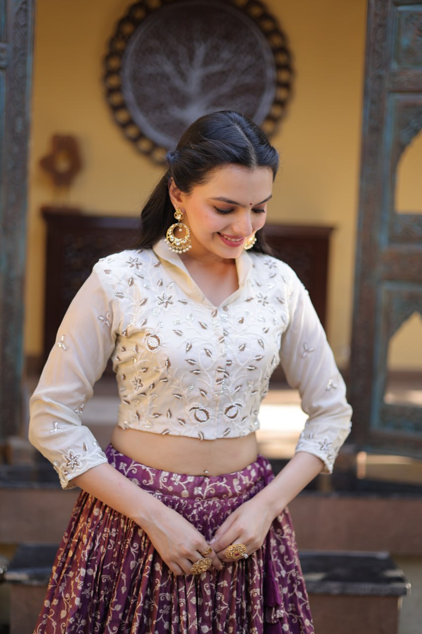 Wine Cosmos Weaving Jacquard Flared Lehenga Choli Set with Embroidered Shirt Blouse