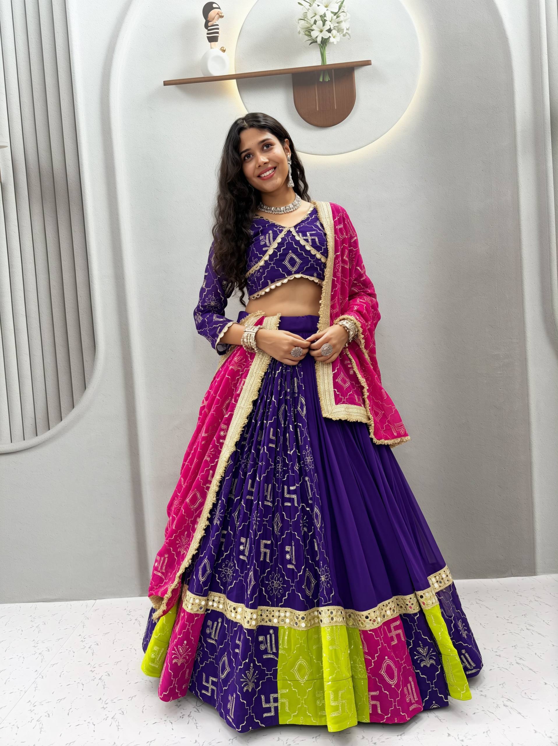 Royal Blue and Magenta Fox Georgette Heavy Embroidery Work and Mirror Lace Navratri Lehenga Choli Set by The Beauty Queen