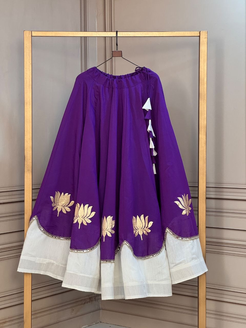 Navratri Royal Purple & Off-White Roman Silk Flared Lehenga Skirt with Lotus Flower Gota Applique & Mirror Lace Work