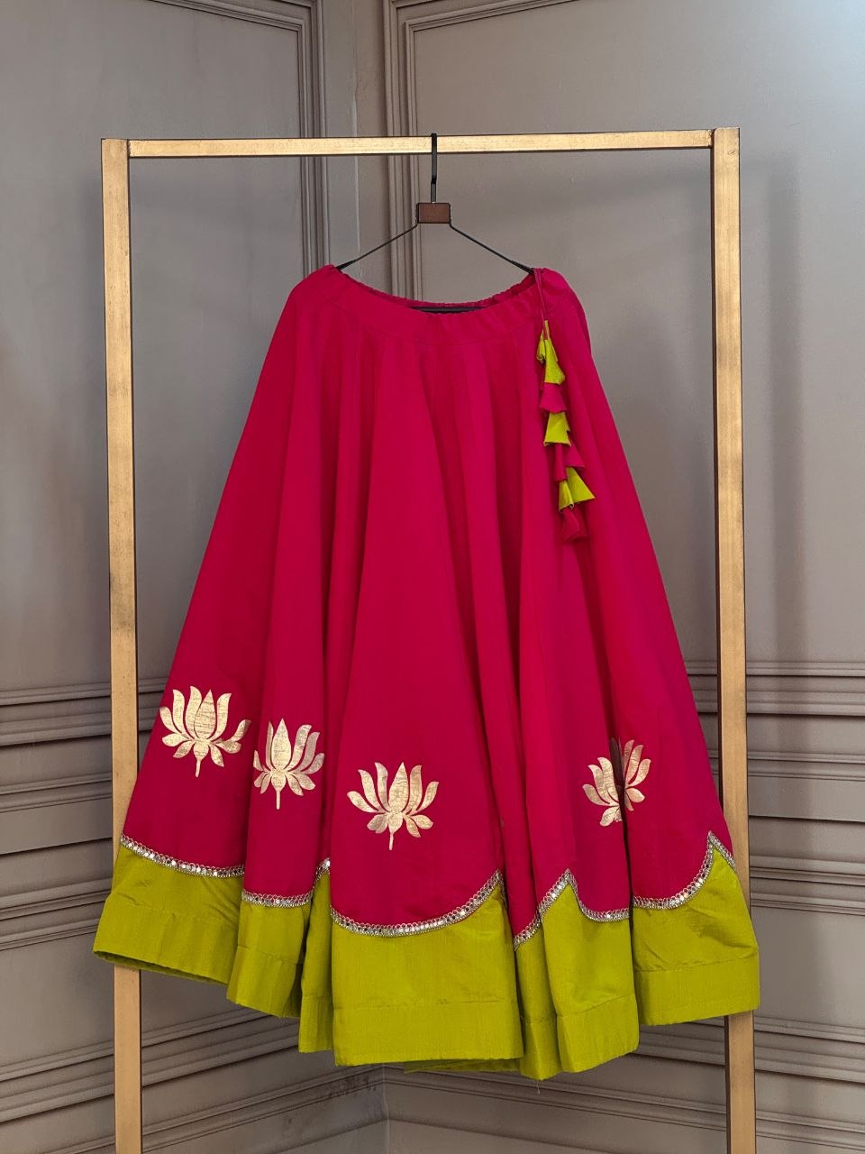 Navratri Rani Pink & Lime Olive Green Roman Silk Flared Lehenga Skirt with Lotus Flower Gota Applique & Mirror Lace Work