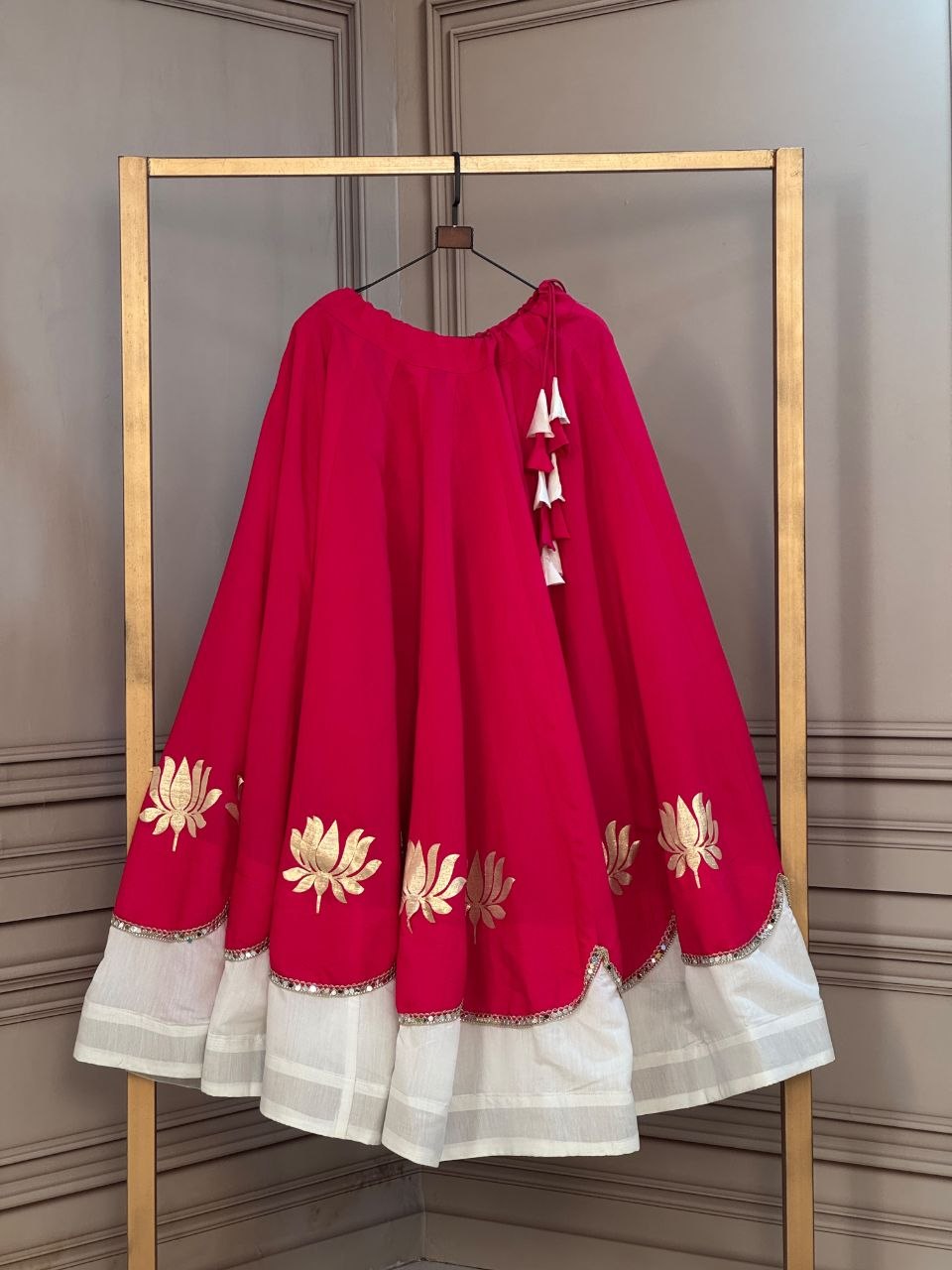 Navratri Rani Pink & Off-White Roman Silk Flared Lehenga Skirt with Lotus Flower Gota Applique & Mirror Lace Work
