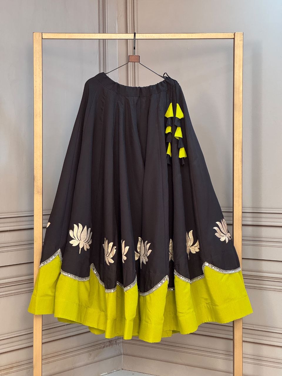Navratri Jet Black & Lime Olive Green Roman Silk Flared Lehenga Skirt with Lotus Flower Gota Applique & Mirror Lace Work