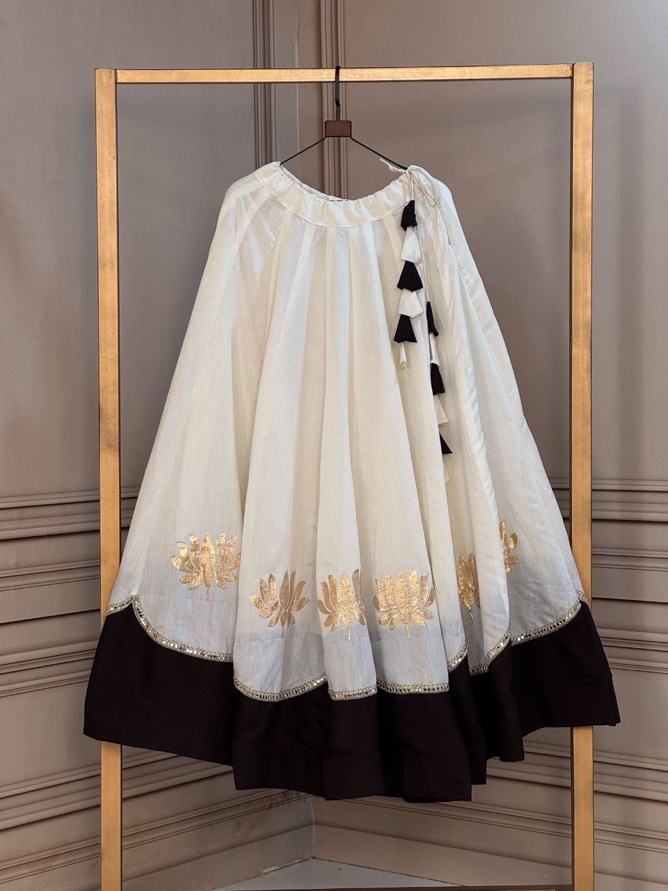 Navratri Off-White & Jet Black Roman Silk Flared Lehenga Skirt with Lotus Flower Gota Applique & Mirror Lace Work