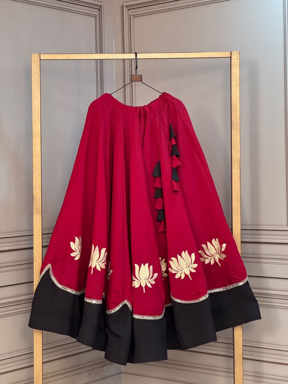 Navratri Crimson Red & Jet Black Roman Silk Flared Lehenga Skirt with Lotus Flower Gota Applique & Mirror Lace Work