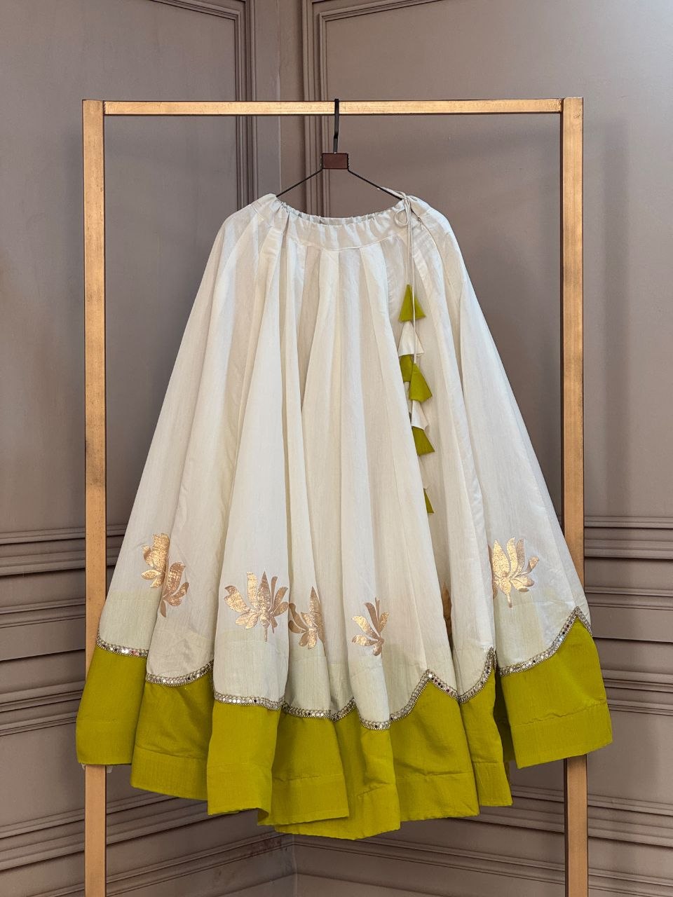 Navratri Off-White & Lime Olive Green Roman Silk Flared Lehenga Skirt with Lotus Flower Gota Applique & Mirror Lace Work