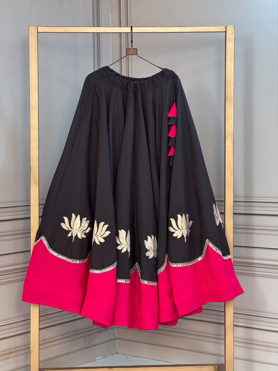 Navratri Jet Black & Rani Pink Roman Silk Flared Lehenga Skirt with Lotus Flower Gota Applique & Mirror Lace Work