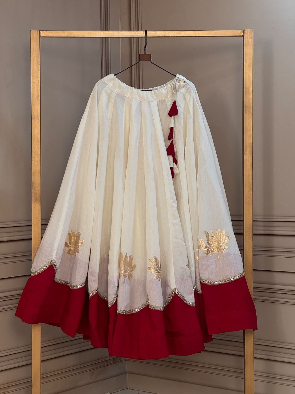 Navratri Off-White & Maroon Red Roman Silk Flared Lehenga Skirt with Lotus Flower Gota Applique & Mirror Lace Work