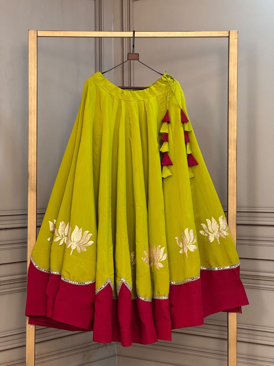 Navratri Lime Yellow & Rani Pink Roman Silk Flared Lehenga Skirt with Lotus Flower Gota Applique & Mirror Lace Work