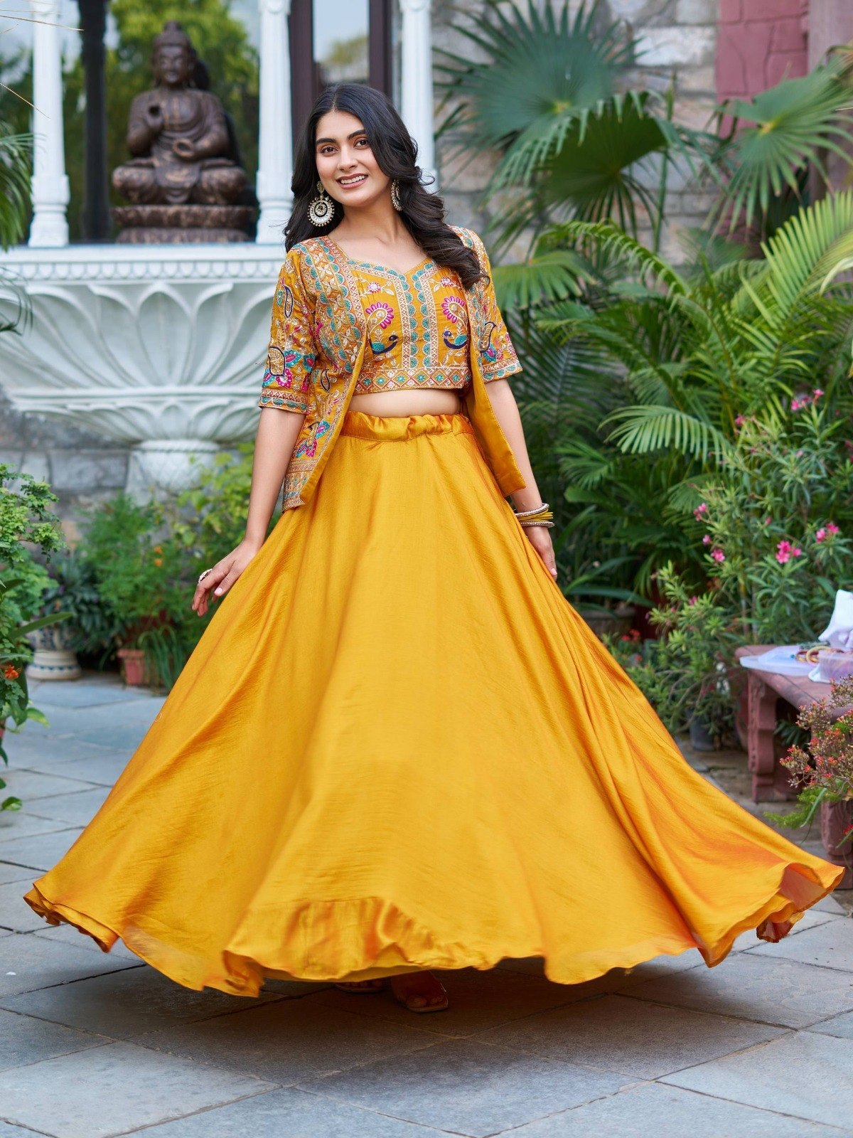 Mustard Yellow Vichitra Silk Flared Plain Lehenga Set with Multi-Color Sequins & Resham Embroidered Crop Blouse and Matching Designer Shrug Koti Jacket