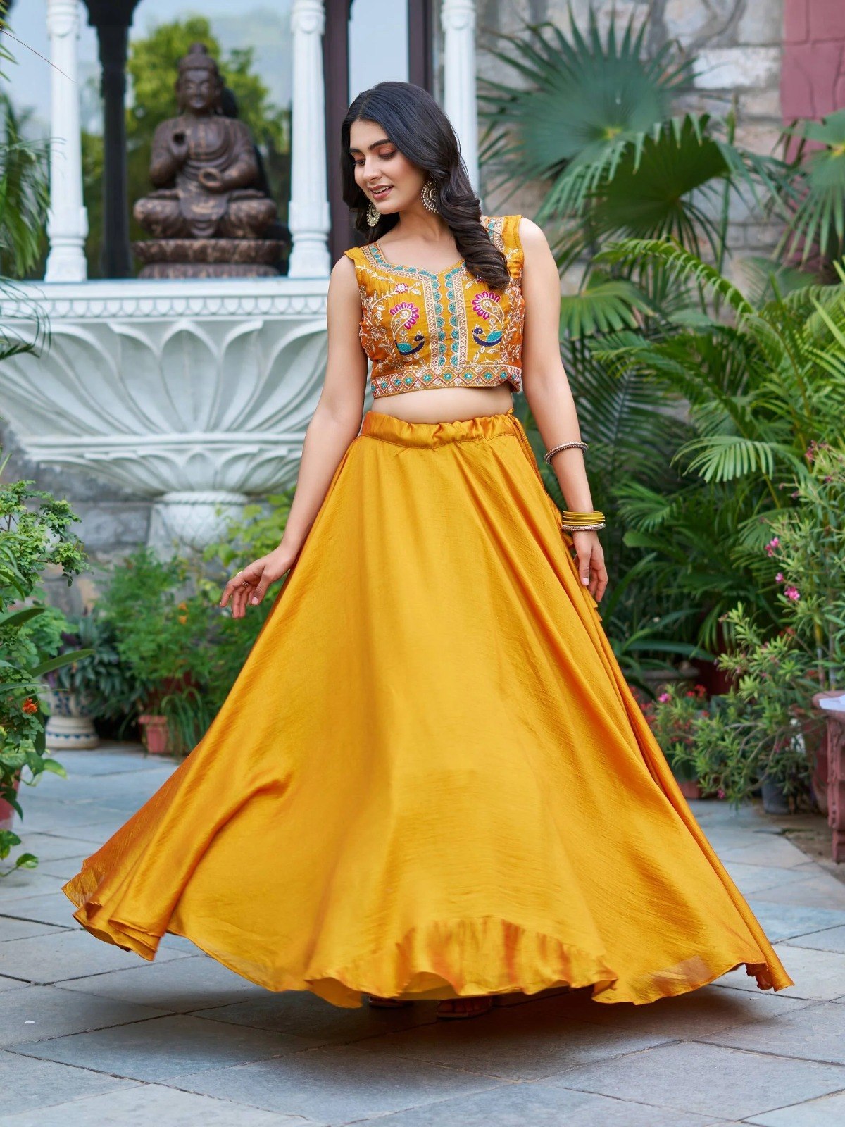 Mustard Yellow Vichitra Silk Flared Plain Lehenga Set with Multi-Color Sequins & Resham Embroidered Crop Blouse and Matching Designer Shrug Koti Jacket