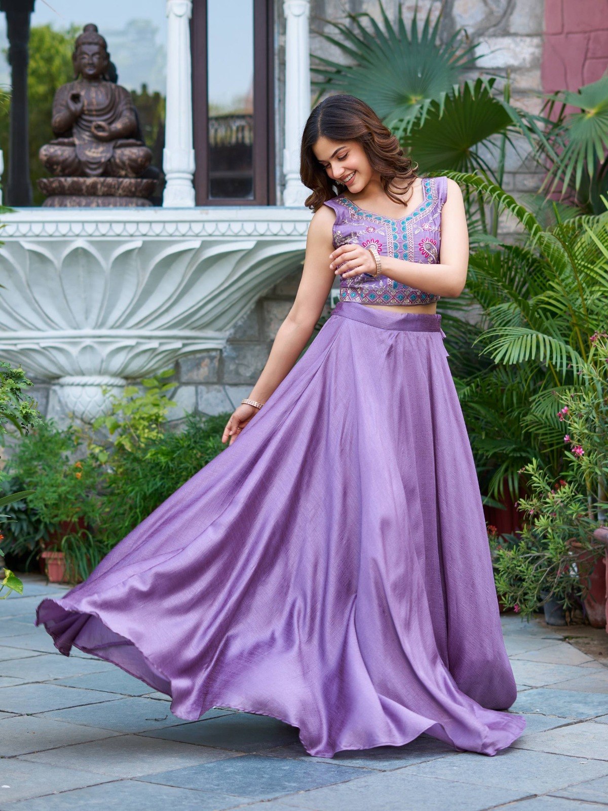 Lavender Purple Vichitra Silk Flared Plain Lehenga Set with Multi-Color Sequins & Resham Embroidered Crop Blouse and Matching Designer Shrug Koti Jacket