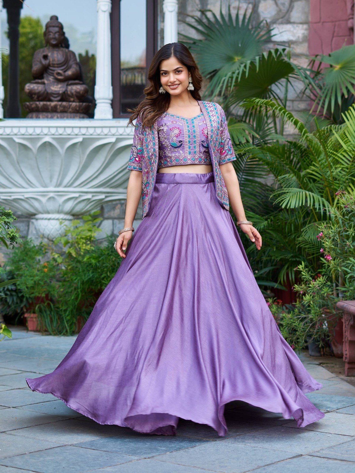 Lavender Purple Vichitra Silk Flared Plain Lehenga Set with Multi-Color Sequins & Resham Embroidered Crop Blouse and Matching Designer Shrug Koti Jacket