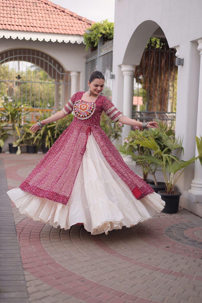 Navratri Off-White Kora Cotton Tiered Lehenga Choli Set with Maroon Bandhani Shrug