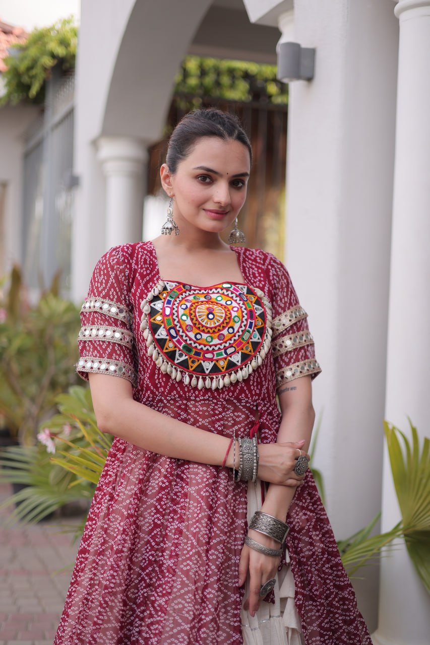 Navratri Off-White Kora Cotton Tiered Lehenga Choli Set with Maroon Bandhani Shrug