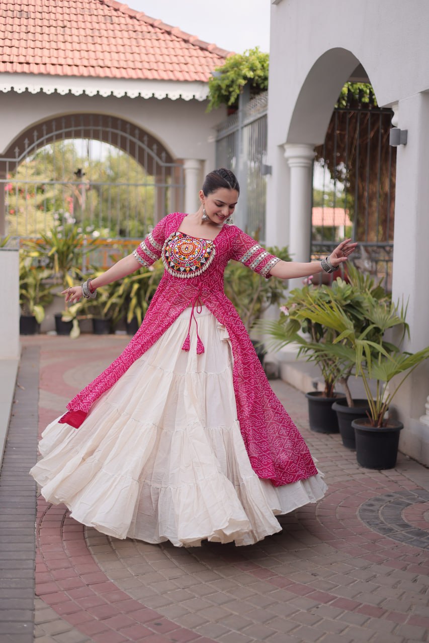 Navratri Off-White Kora Cotton Tiered Lehenga Choli Set with Pink Bandhani Shrug