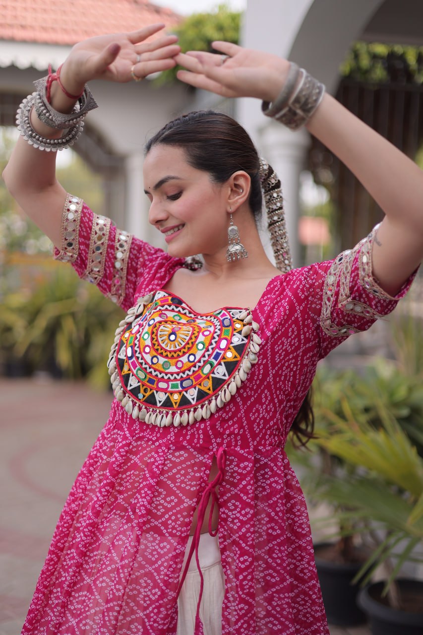Navratri Off-White Kora Cotton Tiered Lehenga Choli Set with Pink Bandhani Shrug
