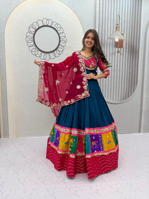 Peacock Blue and Magenta Pure Cotton Thread Embroidery and Sequence Work Navratri Lehenga Choli Set by The Beauty Queen