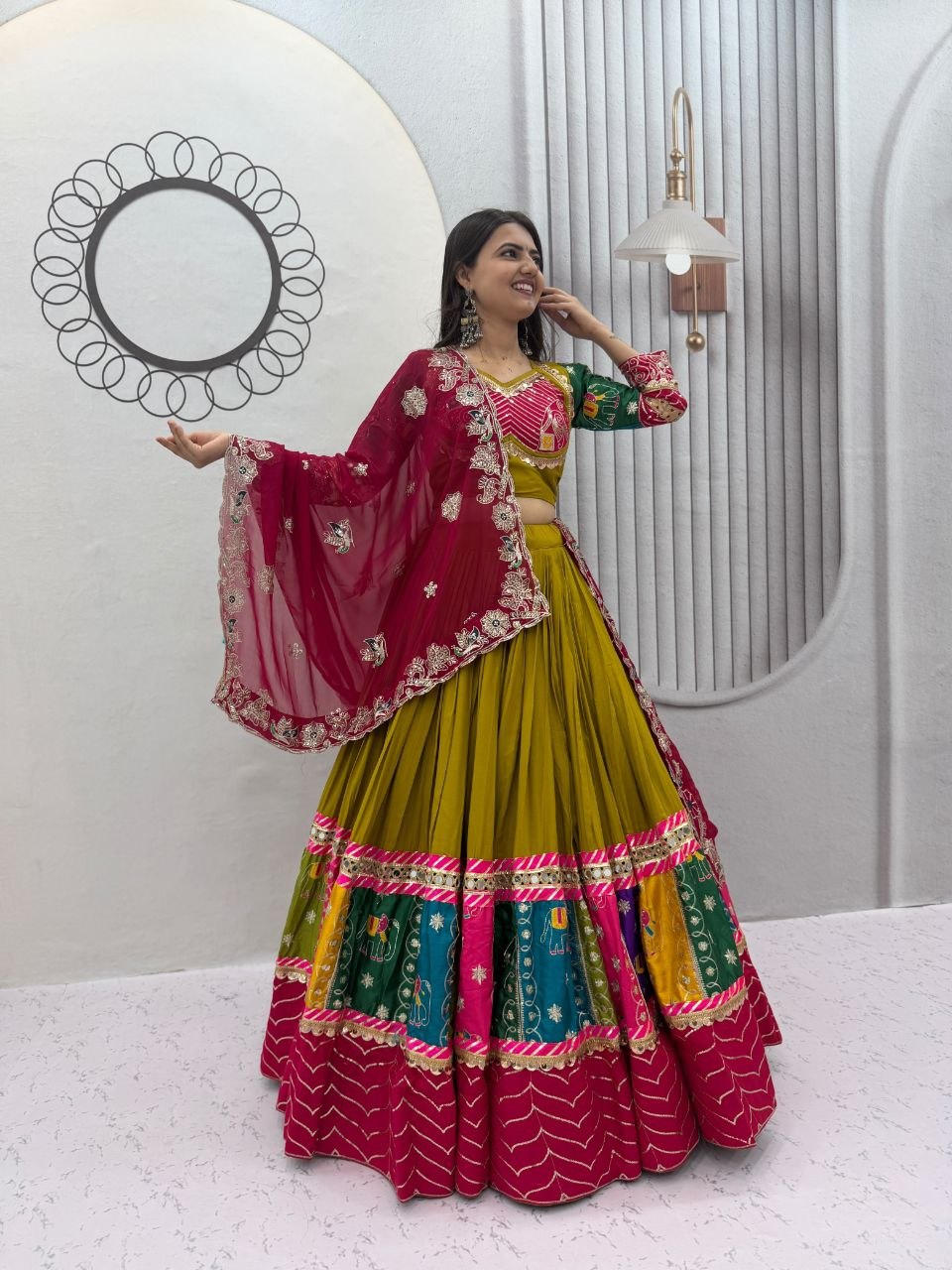 Olive Green and Maroon Pure Cotton Thread Embroidery and Sequence Work Navratri Lehenga Choli Set by The Beauty Queen