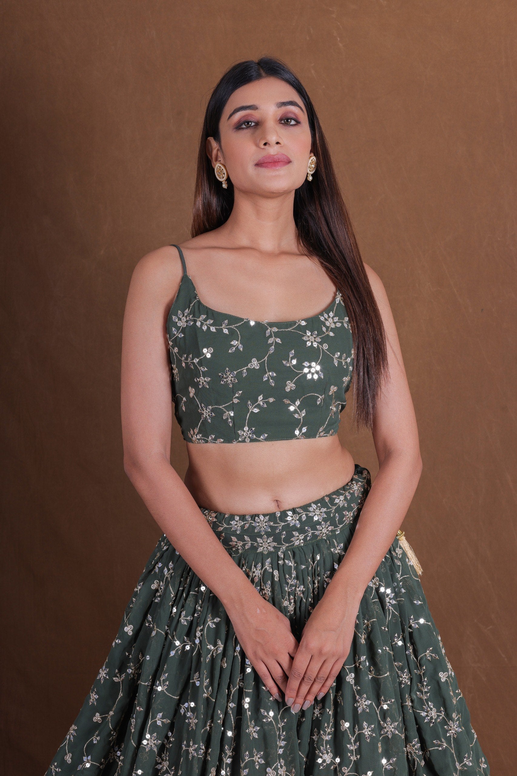 Dark Forest Green Georgette Flared Lehenga Choli Set with Rich Zari, Sequins & Floral Vine Embroidery, Sleeveless Strappy Blouse & Sheer Dupatta