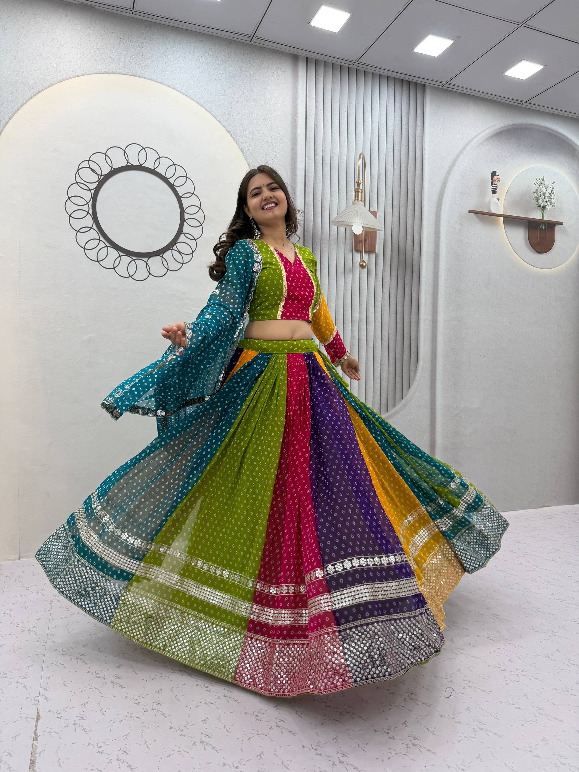 Multi Color Bandhani Print Georgette 7mm Sequence Work Navratri Lehenga Choli Set with Teal Dupatta by The Beauty Queen
