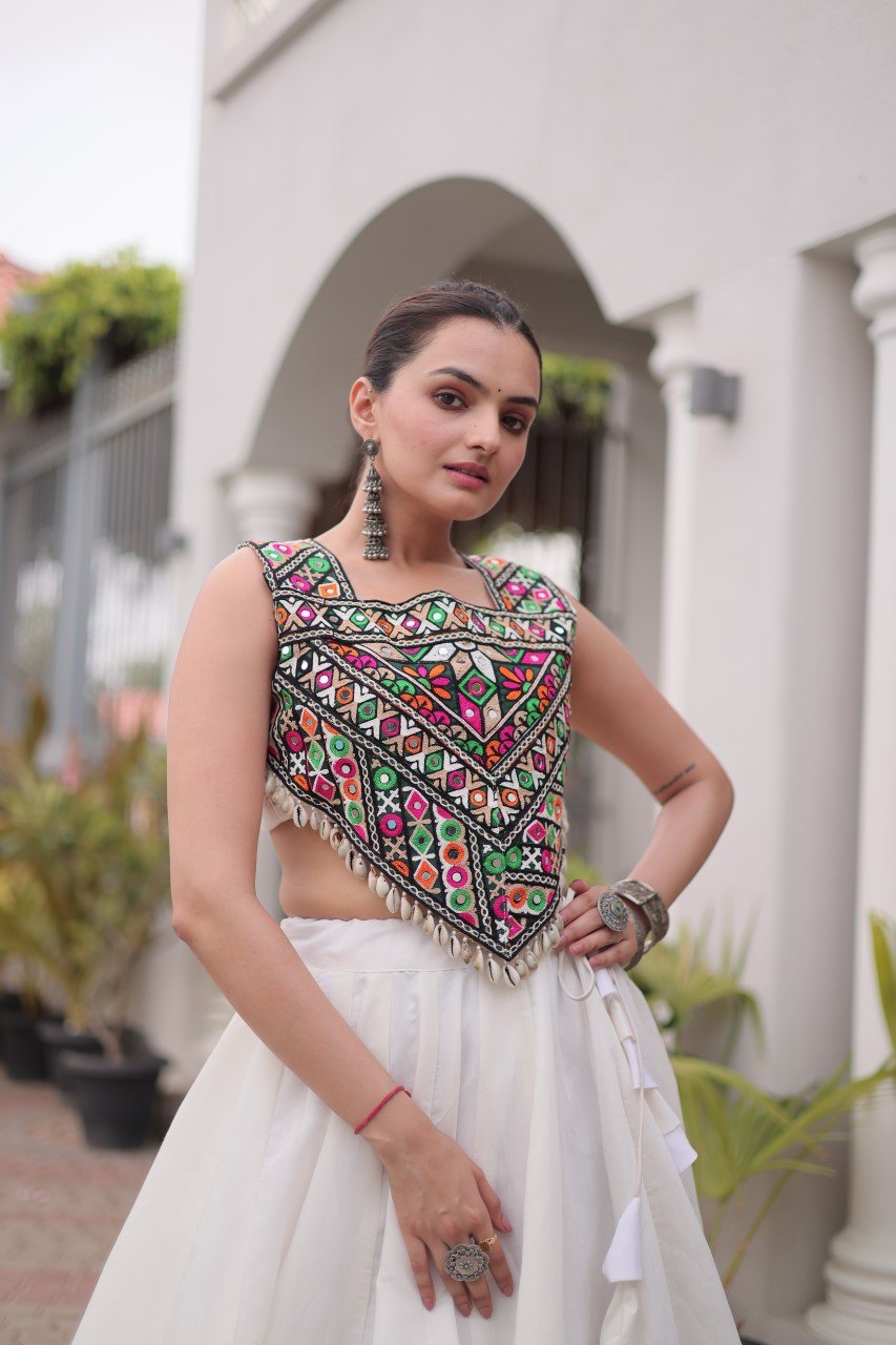 Navratri Off-White Roman Silk Flared Lehenga Choli Set with Metallic Coconut Tree Gota Applique Work & Colorful Kutchi Mirror Work Crop Blouse