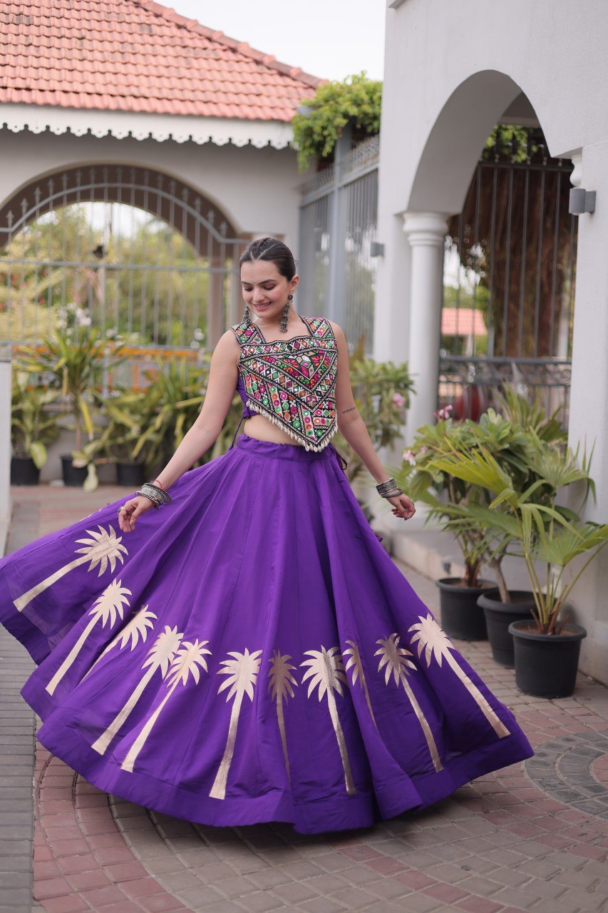 Navratri Royal Purple Roman Silk Flared Lehenga Choli Set with Metallic Coconut Tree Gota Applique Work & Colorful Kutchi Mirror Work Crop Blouse