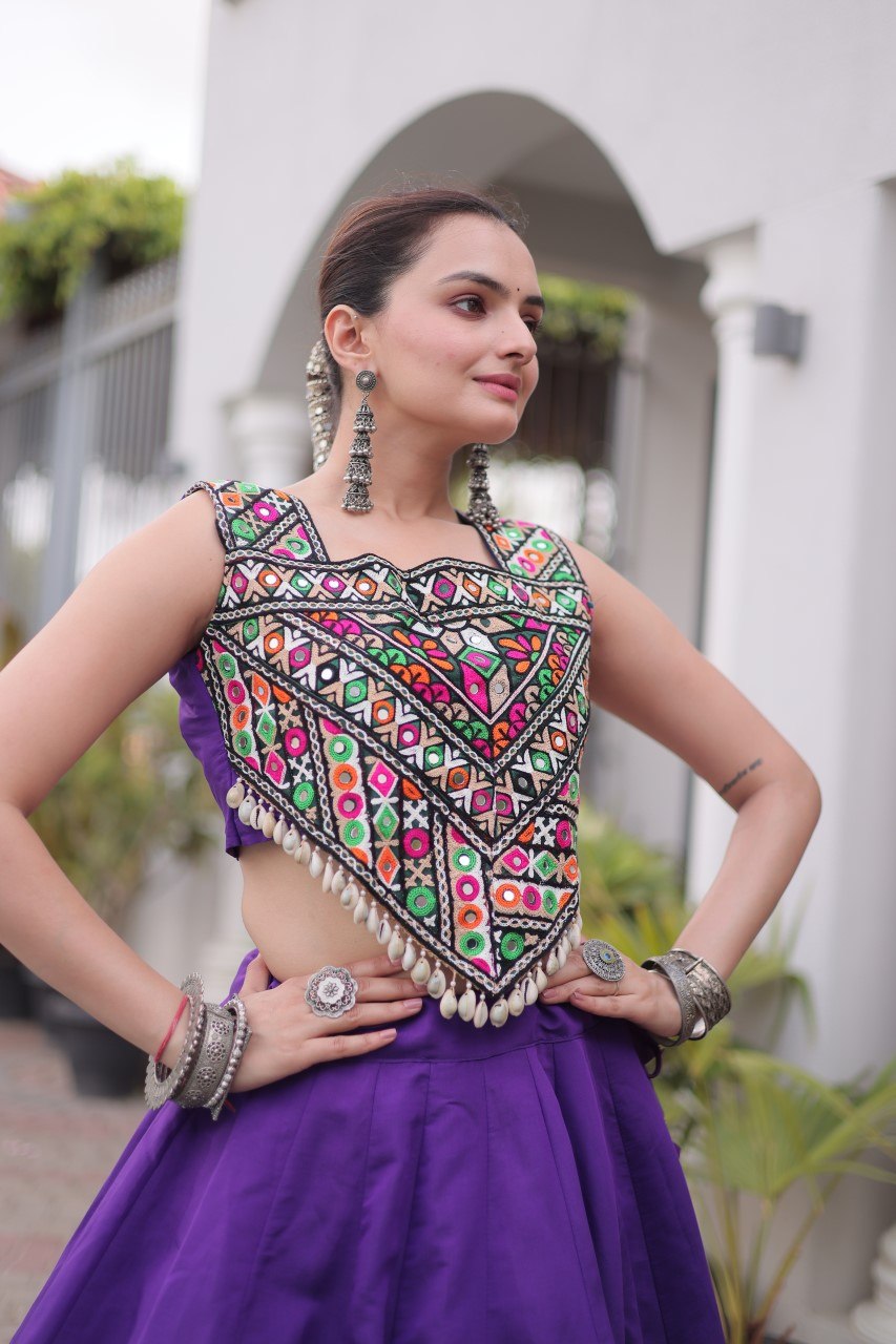 Navratri Royal Purple Roman Silk Flared Lehenga Choli Set with Metallic Coconut Tree Gota Applique Work & Colorful Kutchi Mirror Work Crop Blouse