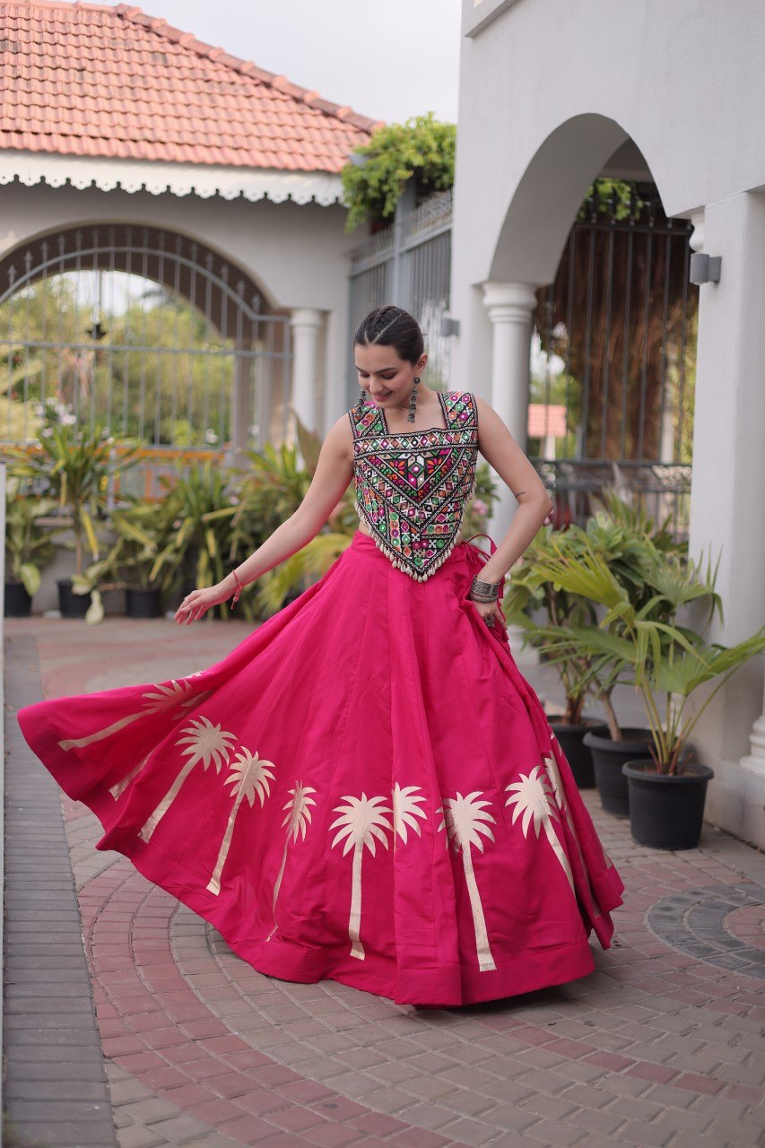 Navratri Rani Pink Roman Silk Flared Lehenga Choli Set with Metallic Coconut Tree Gota Applique Work & Colorful Kutchi Mirror Work Crop Blouse