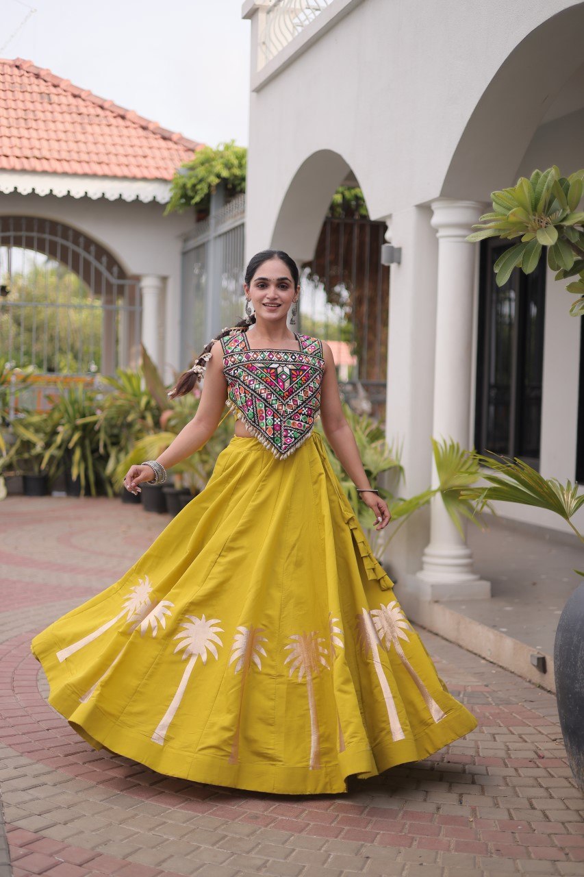 Navratri Mustard Lime Yellow Roman Silk Flared Lehenga Choli Set with Metallic Coconut Tree Gota Applique Work & Colorful Kutchi Mirror Work Crop Blouse