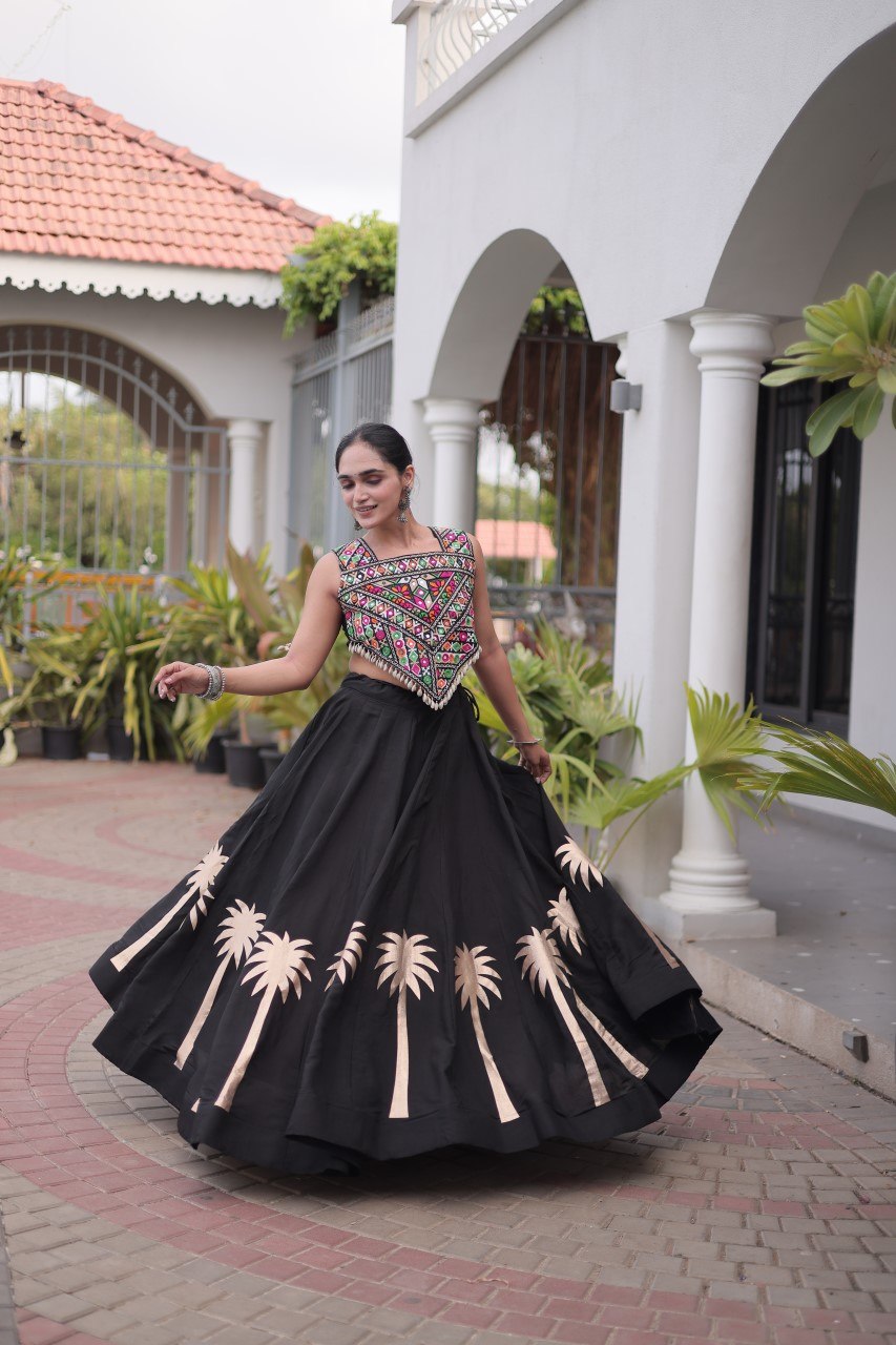 Navratri Jet Black Roman Silk Flared Lehenga Choli Set with Metallic Coconut Tree Gota Applique Work & Colorful Kutchi Mirror Work Crop Blouse