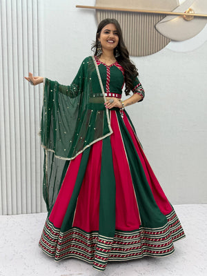 Bottle Green and Pink Pure Cotton Real Hand Work Navratri Lehenga Choli Set with Green Dupatta by The Beauty Queen