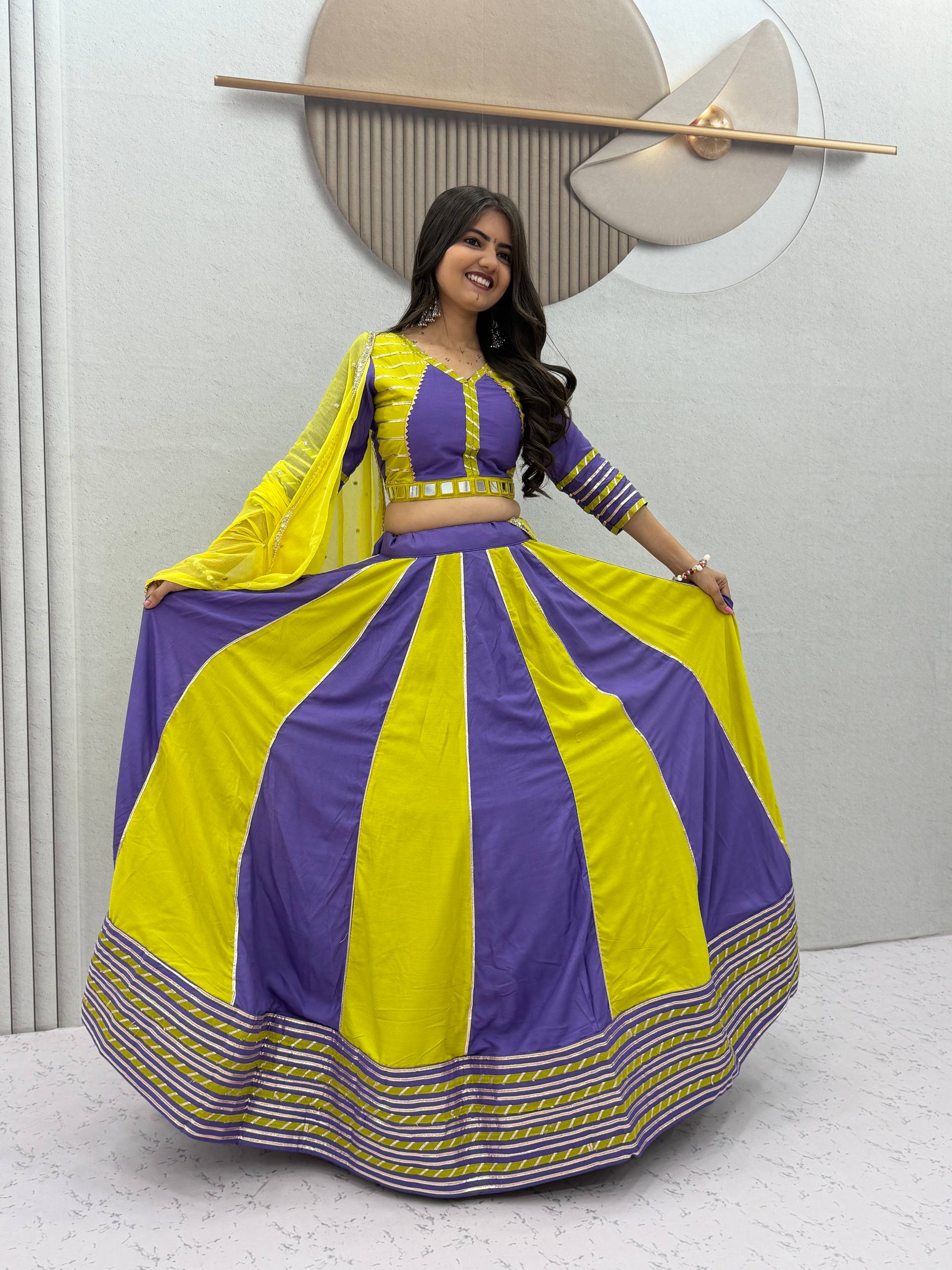 Purple and Lemon Yellow Pure Cotton Real Hand Work Navratri Lehenga Choli Set with Yellow Dupatta by The Beauty Queen