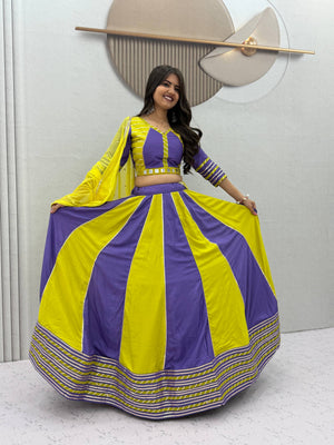 Purple and Lemon Yellow Pure Cotton Real Hand Work Navratri Lehenga Choli Set with Yellow Dupatta by The Beauty Queen