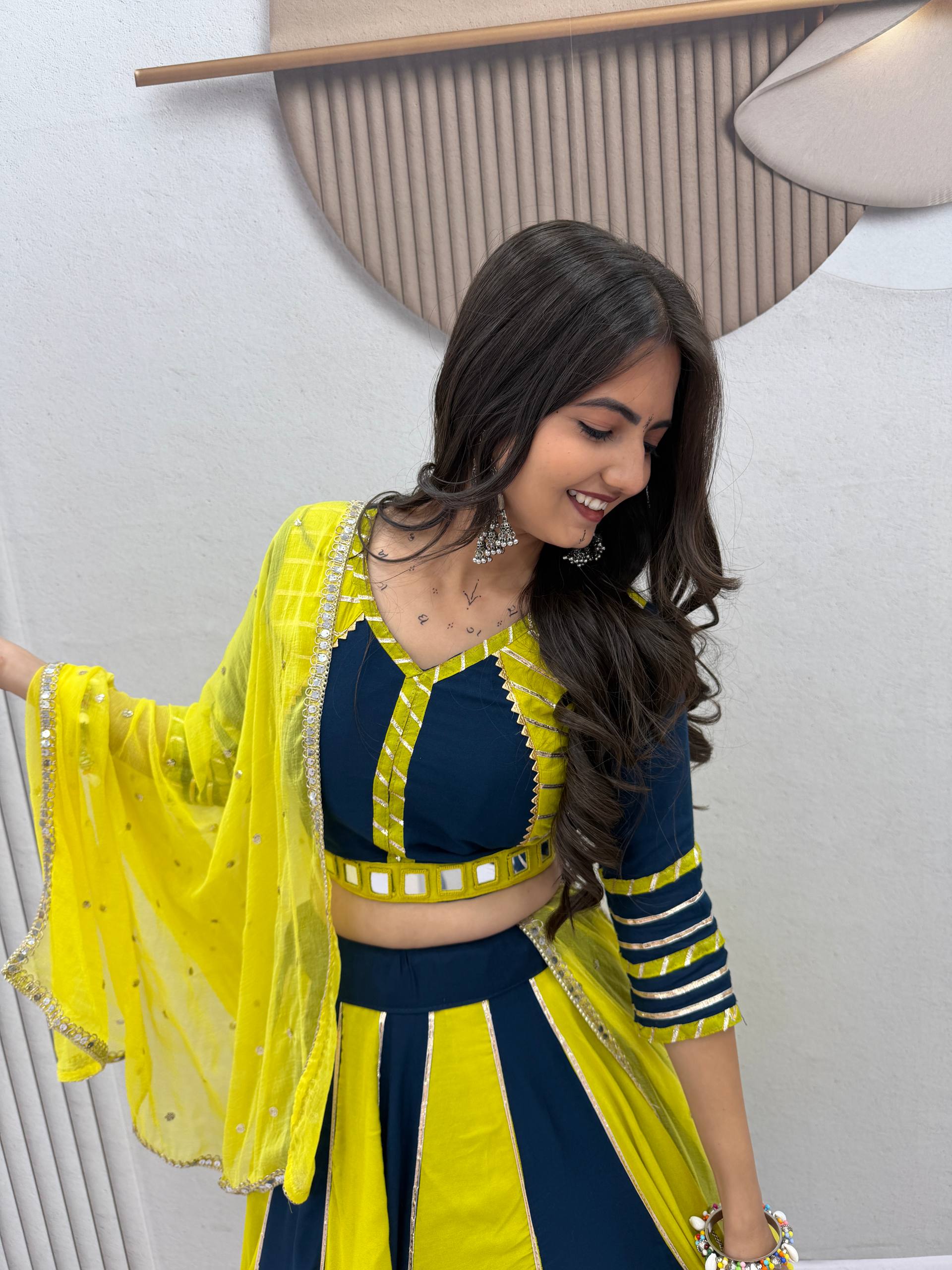Navy Blue and Lemon Yellow Pure Cotton Real Hand Work Navratri Lehenga Choli Set with Yellow Dupatta by The Beauty Queen