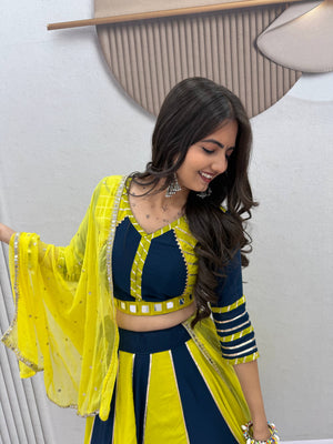 Navy Blue and Lemon Yellow Pure Cotton Real Hand Work Navratri Lehenga Choli Set with Yellow Dupatta by The Beauty Queen