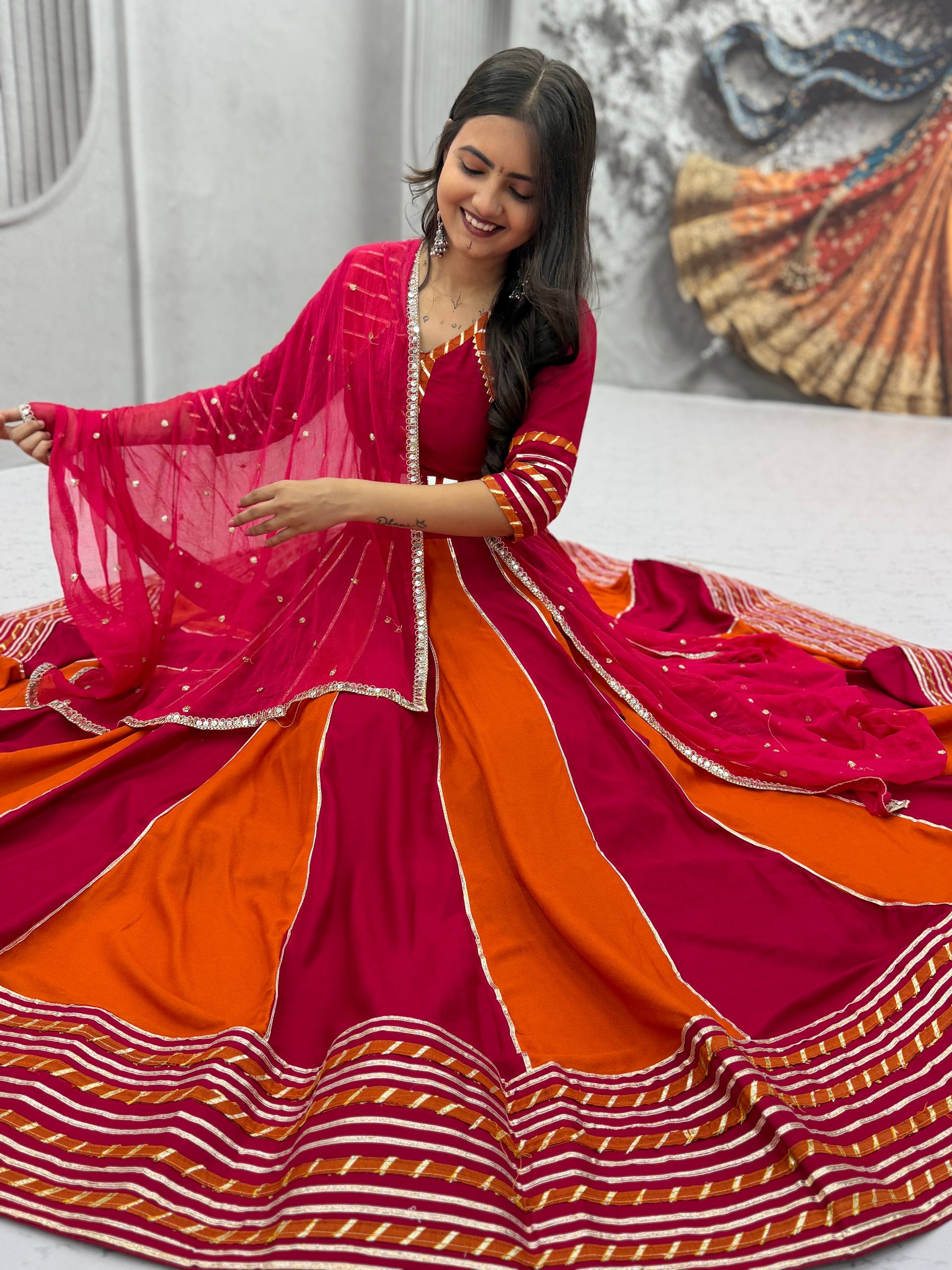 Rani Pink and Orange Pure Cotton Real Hand Work Navratri Lehenga Choli Set with Pink Dupatta by The Beauty Queen
