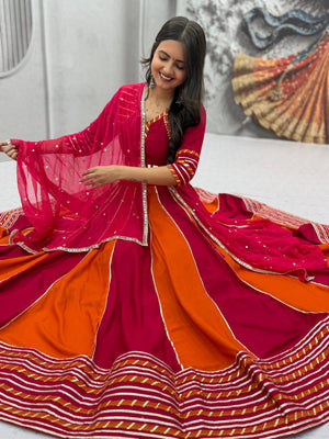 Rani Pink and Orange Pure Cotton Real Hand Work Navratri Lehenga Choli Set with Pink Dupatta by The Beauty Queen