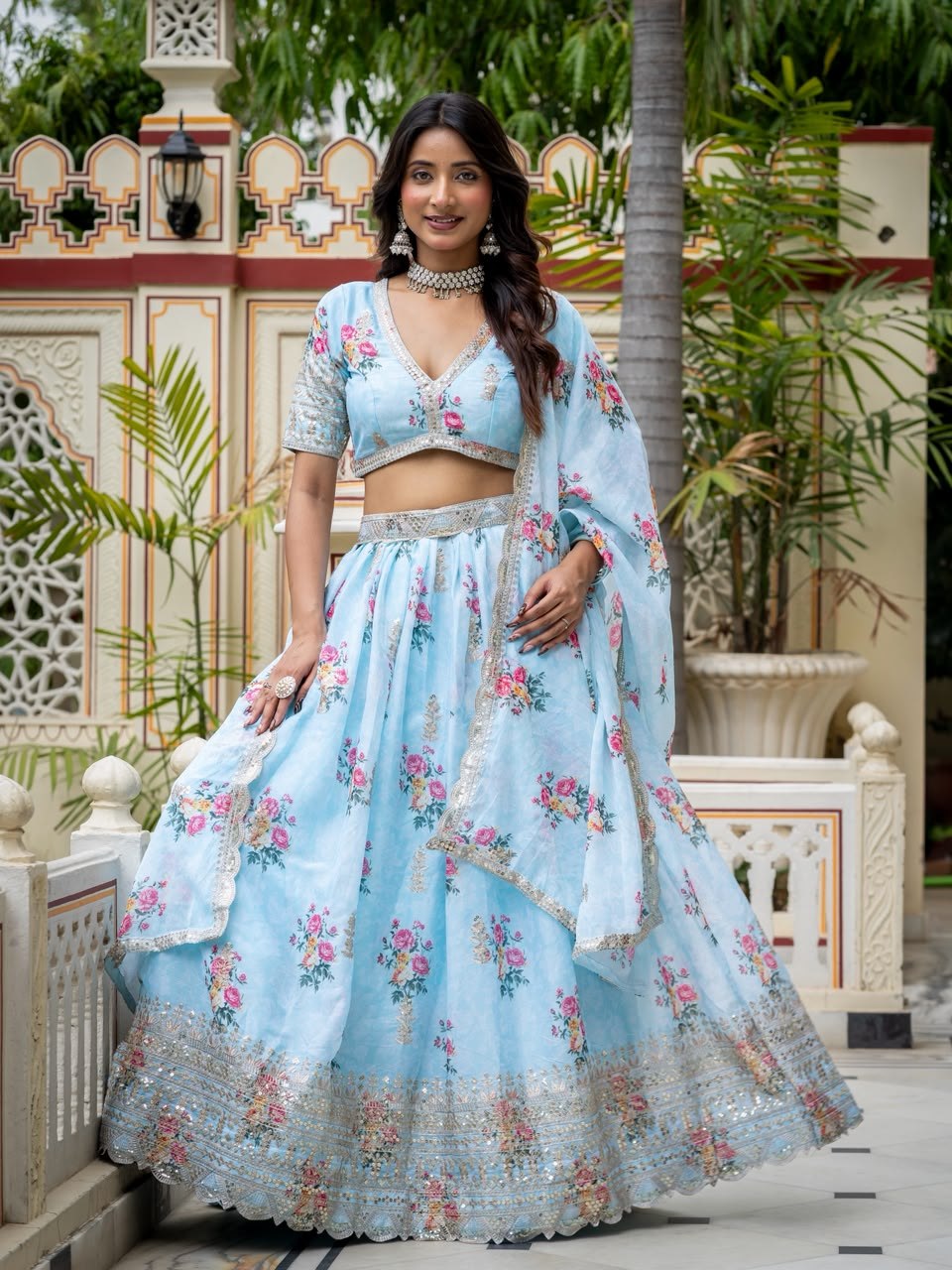Sky Blue Star Georgette Flared Lehenga Choli Set with Elegant Floral Digital Print, Rich Zari & Sequins Embroidery, Scalloped Border & Matching Dupatta