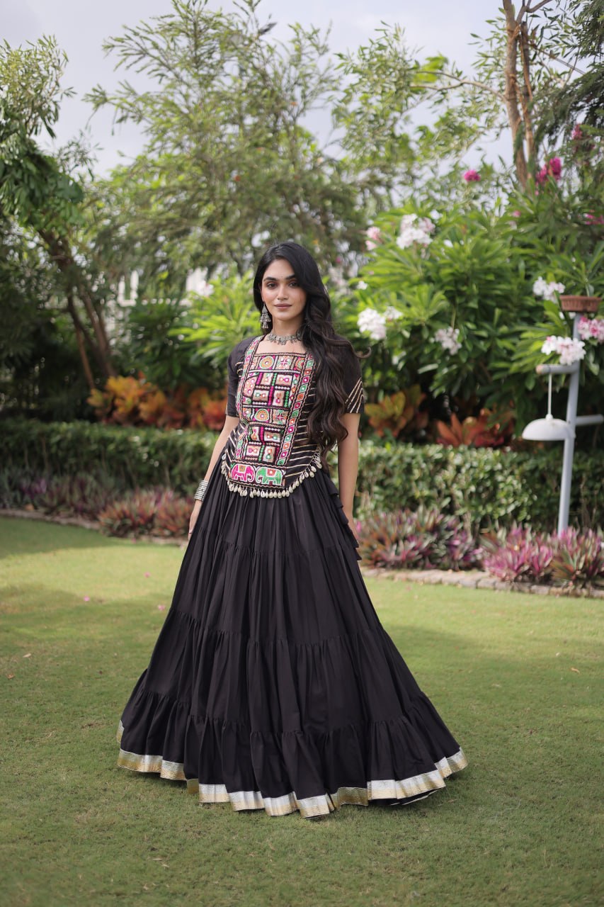 Black Kora Cotton Tiered Flared Lehenga Choli Set with Kutchi Embroidered Blouse