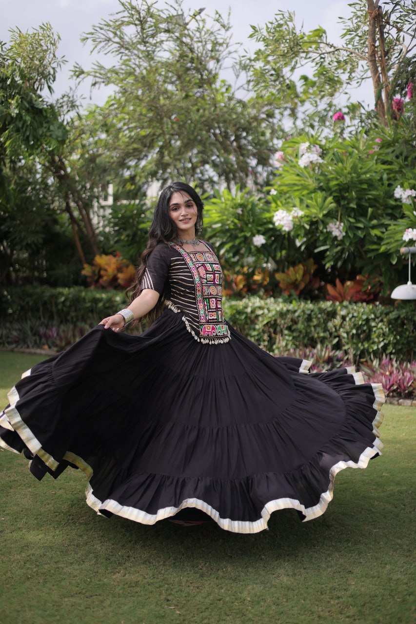 Black Kora Cotton Tiered Flared Lehenga Choli Set with Kutchi Embroidered Blouse