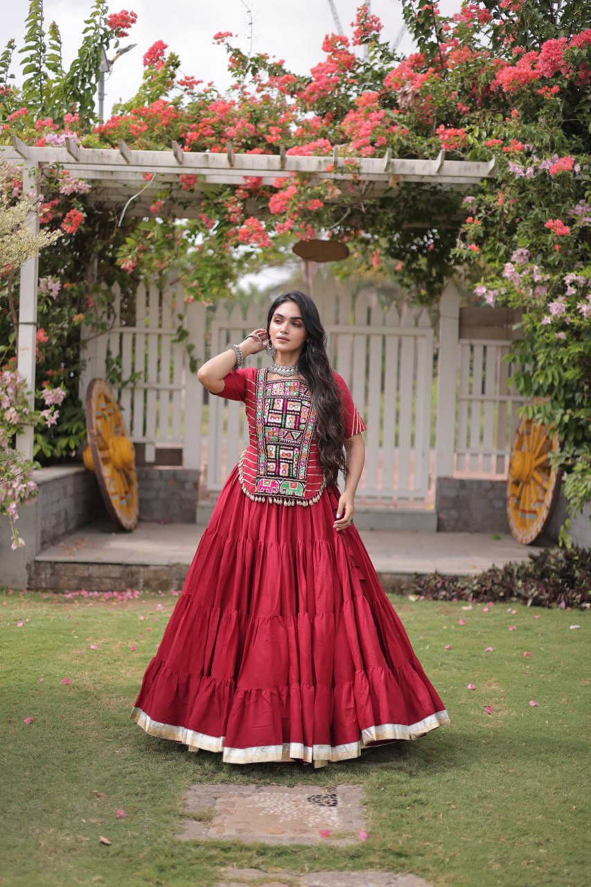 Maroon Red Kora Cotton Tiered Flared Lehenga Choli Set with Kutchi Embroidered Blouse