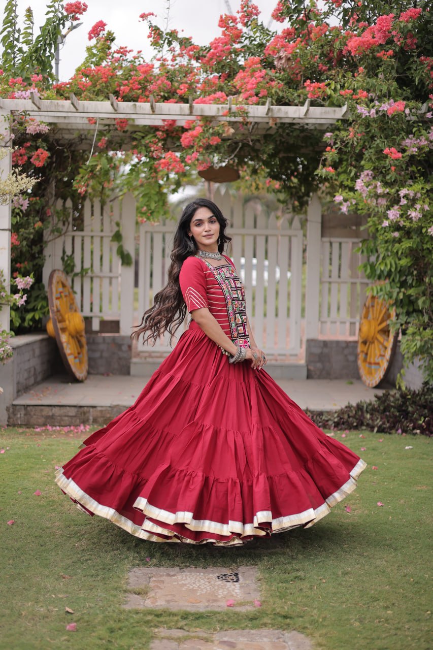 Maroon Red Kora Cotton Tiered Flared Lehenga Choli Set with Kutchi Embroidered Blouse